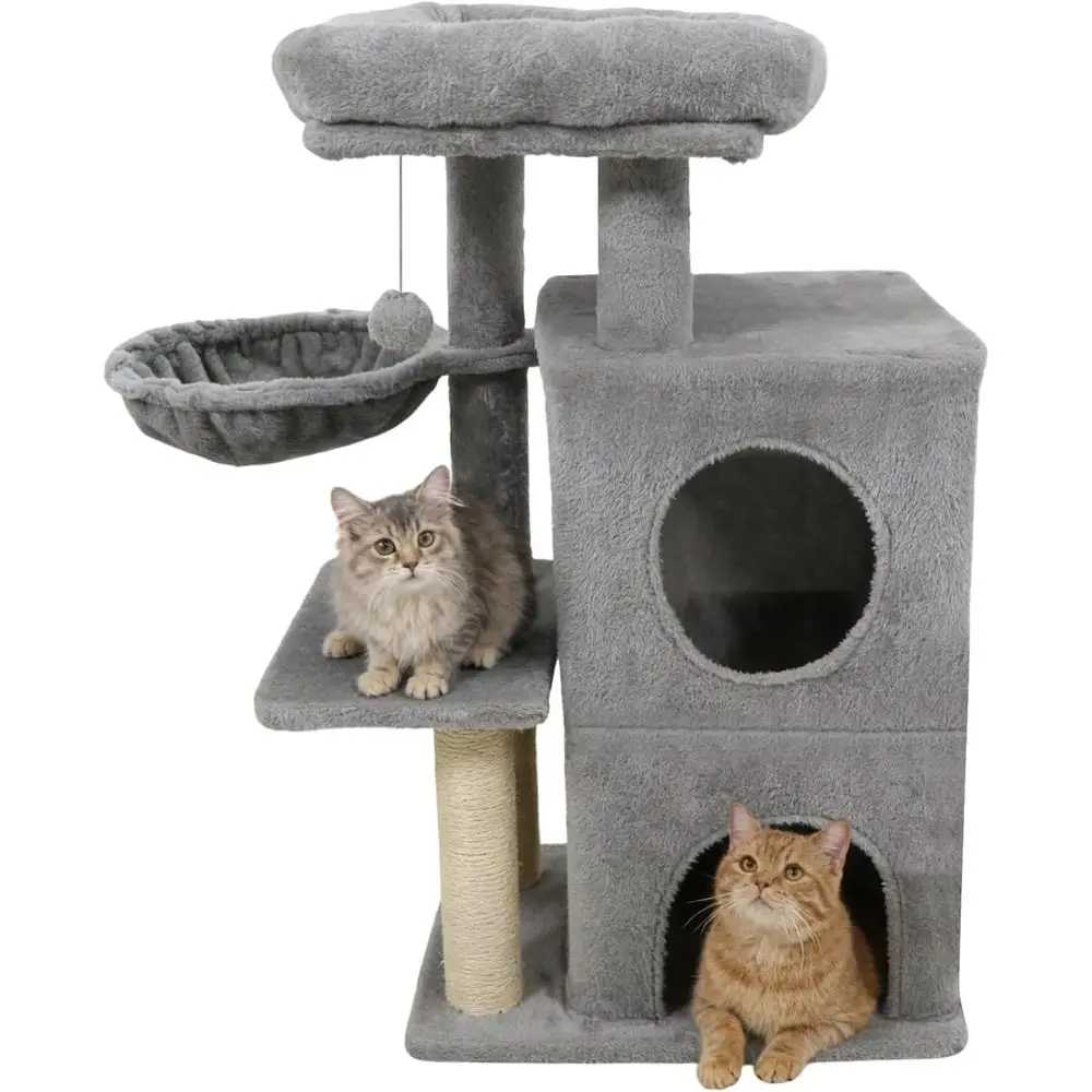 

Стильная кошачья лежанка-башня 33.5 с 2-уровневым домиком, сизалевыми столбиками, мягкой подушкой-лежанкой, игрушкой и вращающейся корзиной (светло-серый)