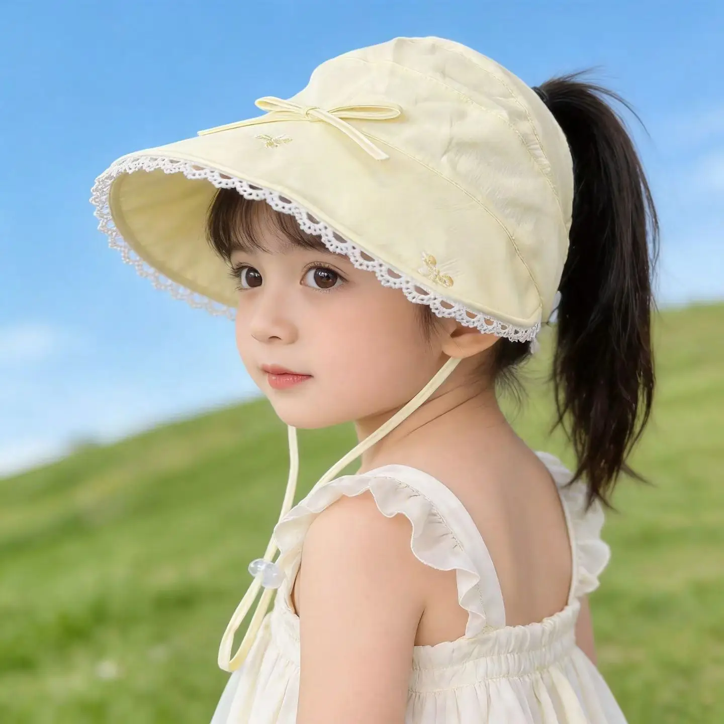 

Детская панама с кружевной отделкой для девочек 3-8 лет, весна-лето, защита от солнца, хлопок, лен, шнурок, рыбацкая шляпа