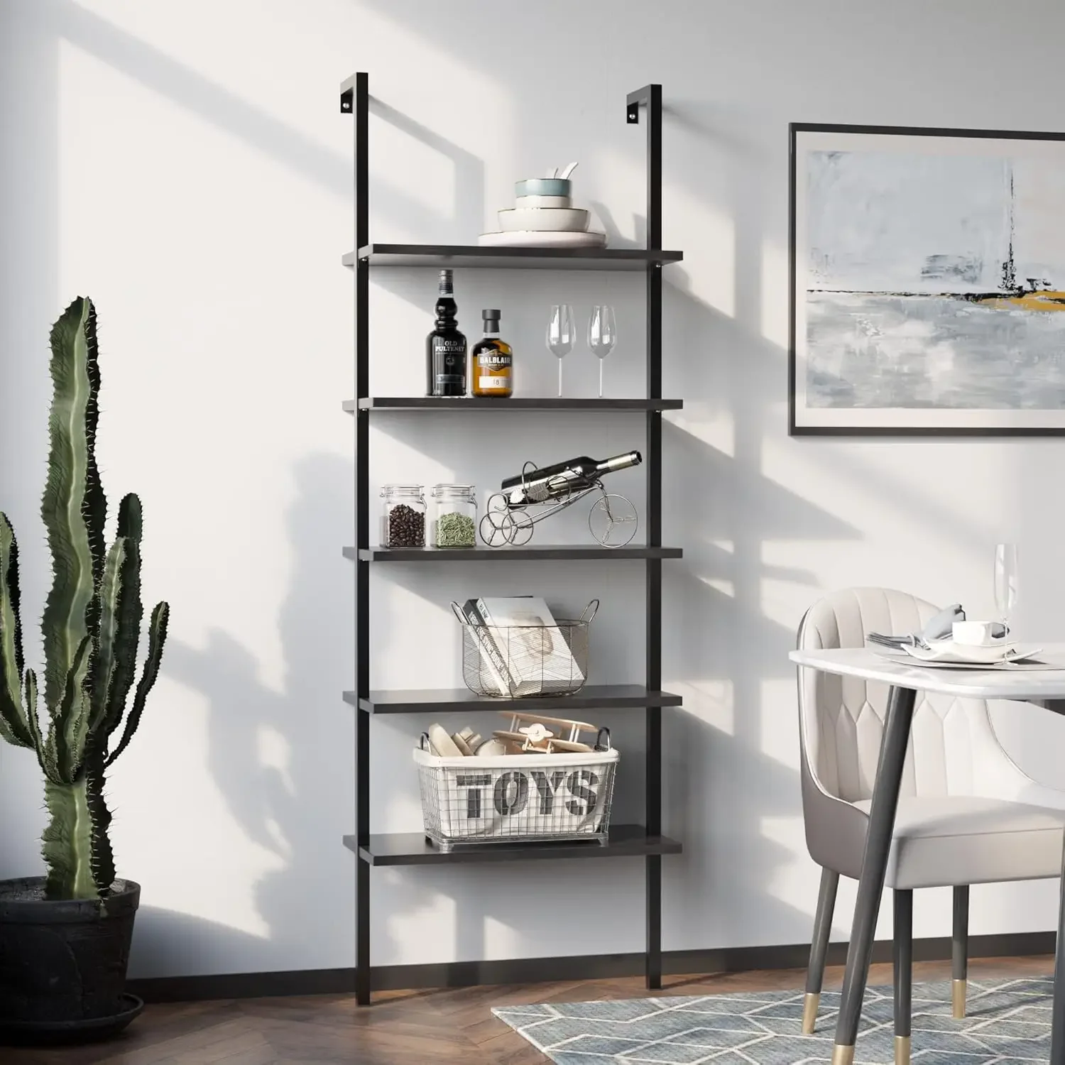 5-Tier Bookshelf, Wall Mount Ladder Shelf with Wood Board and Industrial Metal Frame, for Home Office, Living Room, Bedroom