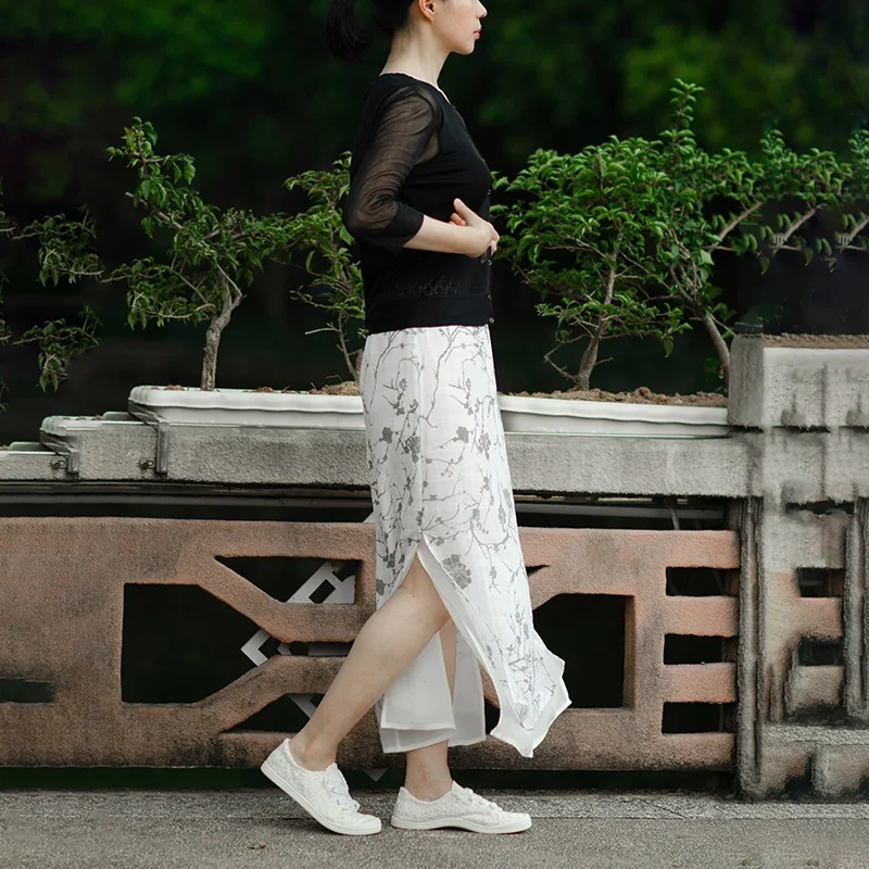 

Double Layer Floral Print Waist Skirt Midi Skirt mid Waist Design Other Material Summer 209 Collection Women's Faion