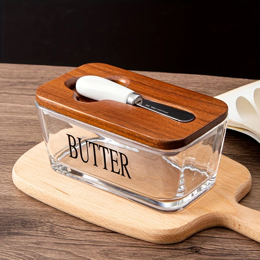 

Western Glass Butter Dish with Lid and Spatula Rectangle Cheese Storage Container for Home Kitchen