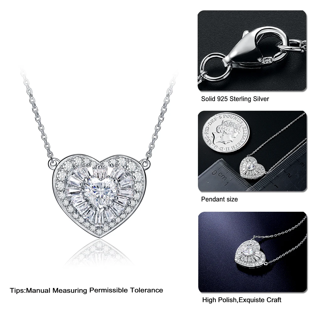 SEASKY Pure 925 Sterling Silve Moissanite Heart Necklace for Women 1ct D Color Sparkling VVS1 Anniversary Necklaces Fine Jewelry