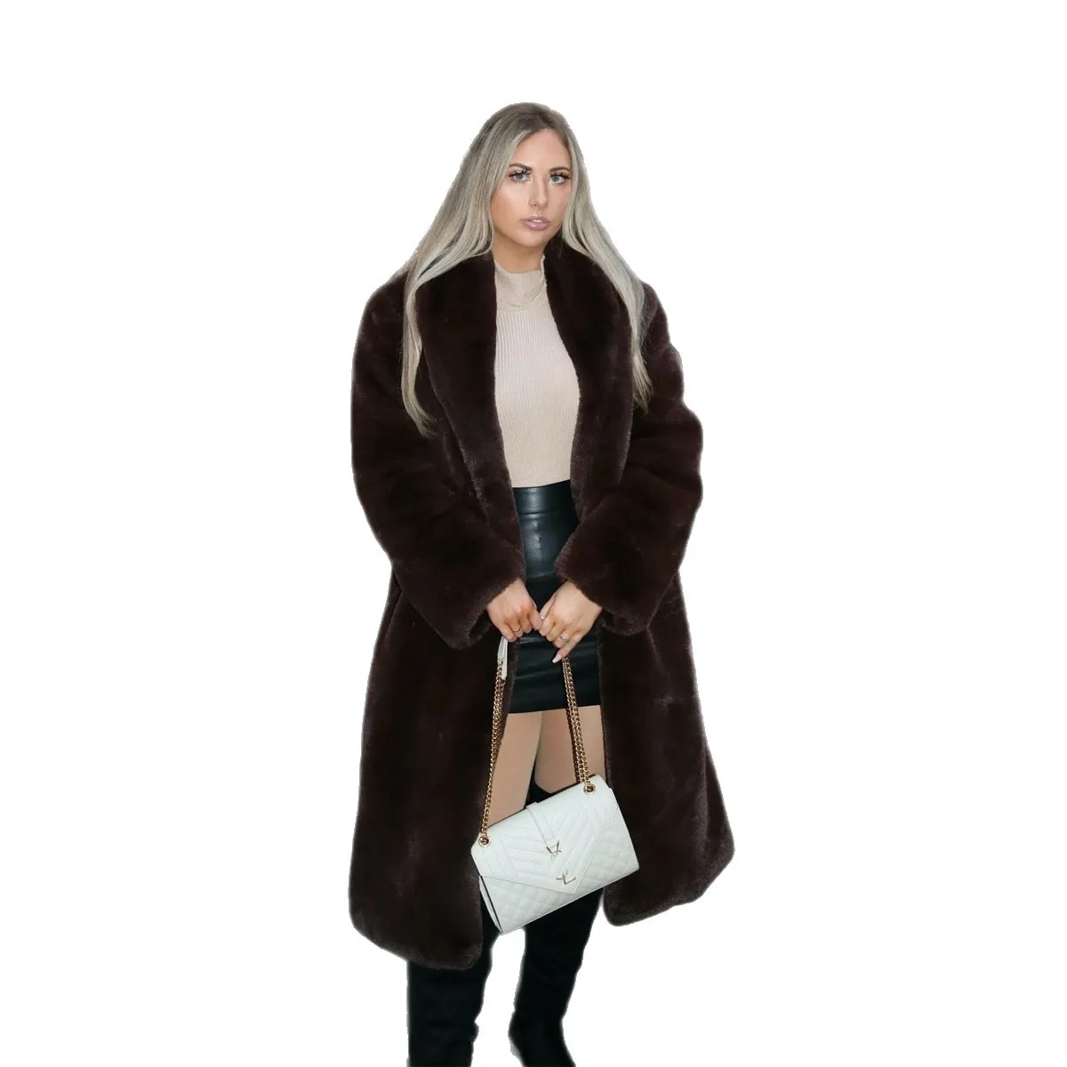 

Длинное пальто из искусственного меха с зеленым воротником, имитация меха норки, экологичное, женское.