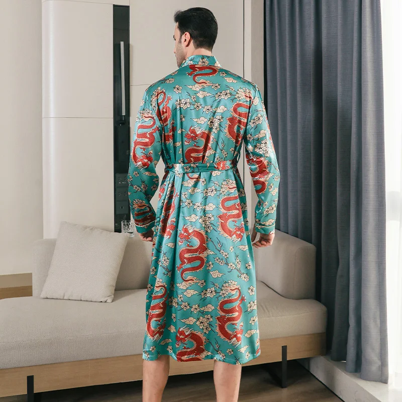 Ice silk pajama men\'s long sleeved thin plum blossom dragon pattern spring and autumn summer bathrobe home clothing sleepwear