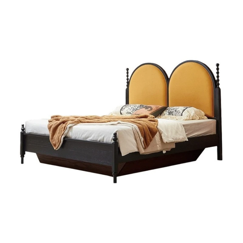 

Medieval solid wood bed 1.8 meters master and second bedroom double simple Roman column solid wood soft bag high back bed
