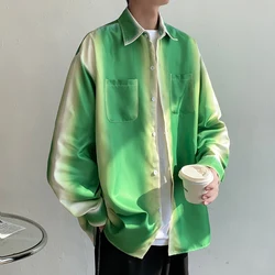 Men's Gradient Green Long Sleeve Shirts Korean Loose Fashion Casual Shirt Oversize Shirt Front Pockets High Quality Clothing