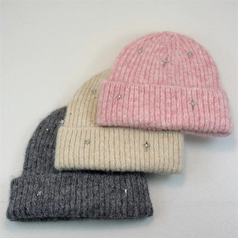 

Осенние и зимние вязаные шапки со звездами для женщин, корейское издание, уличная теплая защита ушей, универсальные шапочки Skullies