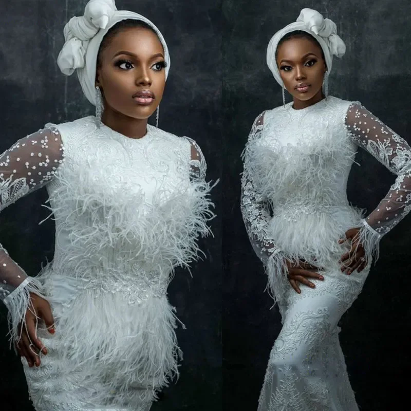 Customized O- Neck Shinny Appliques Pearls Wedding Dress with Feather  Illusion Long Sleeve Plus Size Bridal Gowns