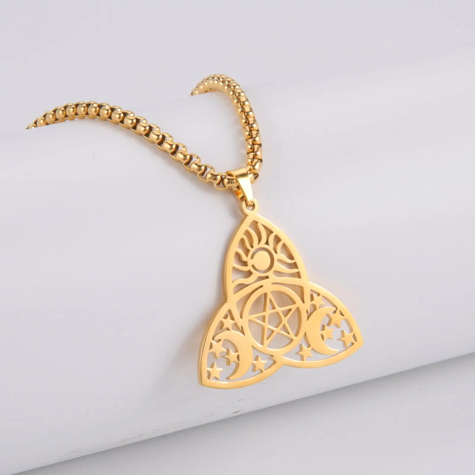 VASSAGO Sun/Moon/Stars Triquetra Triple Goddess Necklace for Men Women Pentagram Witch Knot Wiccan Amulet Energy Jewelry Gifts