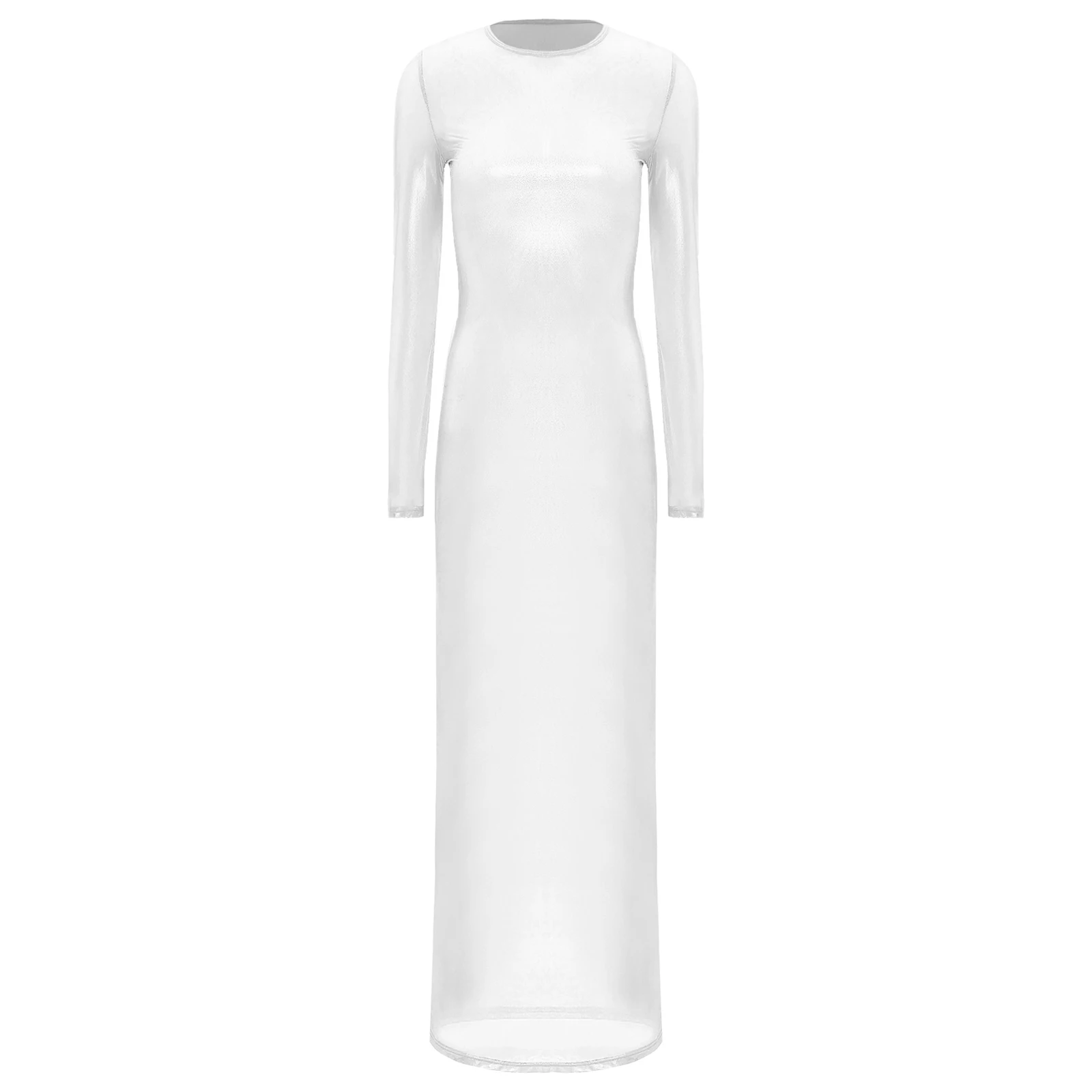 Sexy doorzichtige lange maxi strandjurk dames metallic glanzend volledige mouw effen kleur mesh vrouwelijke nachtfeest clubwear kostuums