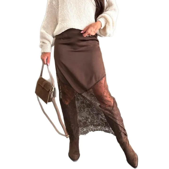 العصرية الساخنة فتاة تنورة بلون غير النظامية الساتان المرقعة انظر من خلال الدانتيل التنانير موضة مثير الشارع الشهير الملابس النسائية جديد #5