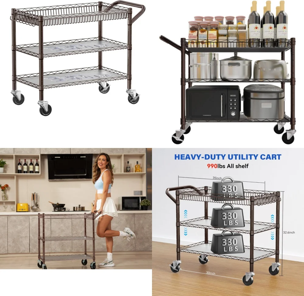 

Heavy Duty 3 Tier Metal Rolling Cart with Wheels and Handle Utility Hand Truck Bronze Finish Multi Purpose Storage Dolly for