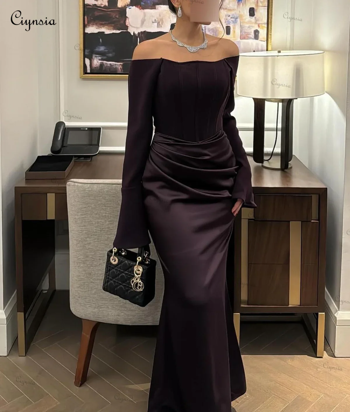 

Ciynsia Customized Dark Purple Satin Off Shoulder Pleated Evening Dress Full Sleeves Elegant Formal Party Gowns Mermaid Simple