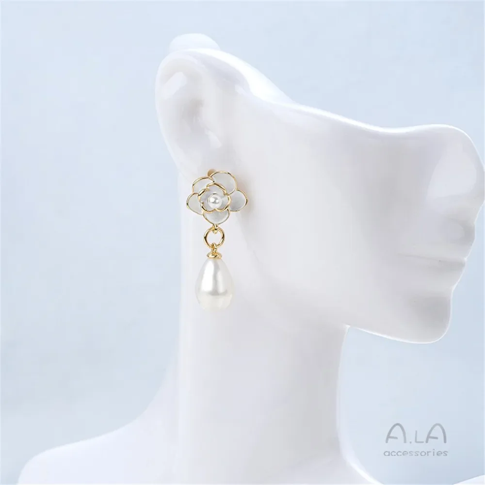 14K Gold-plating Painting Oil Camellia Bead Holder with Rings Earrings DIY Handmade Pearl Silver Needle Ear Jewelry Material