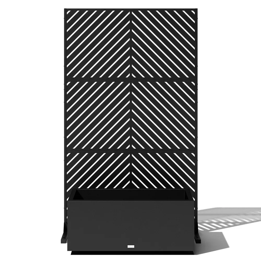 Block Series Long Box Planter + Arrow Privacy Screen Set Black – Large Rectangular Outdoor Planter with Drainage &