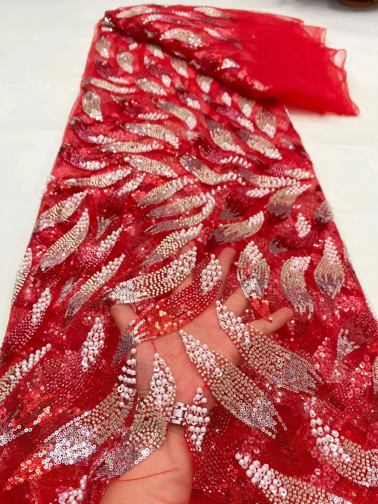 

African & French Lace Fabric Per Meter,5Yard Pink Mesh Tulle Fabrics With Sequin & Beaded, Suitable For Wedding Dresses Design