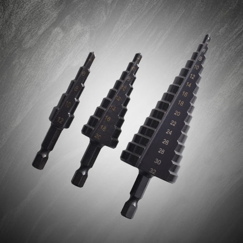3-teiliges HSS-Stufenbohrer-Set mit gerader Nut, Sechskantschaft, Titanstahlbeschichtung, für Holz und Metall, Kegelbohrer, Elektrowerkzeuge – Detail 4