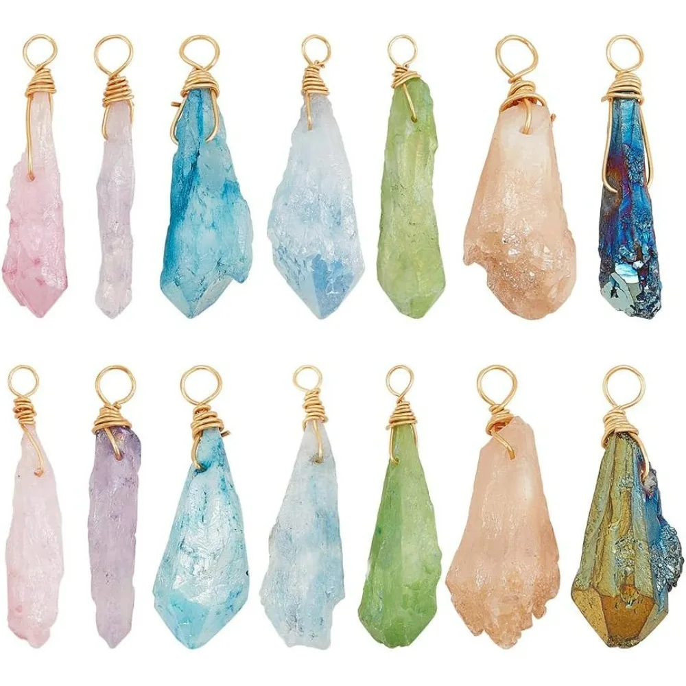 14 Pcs 7 Colors Natural Quartz Crystal Wire Wrapped Charms, Raw Natural Stone Nuggets Charms Assorted Colors Gemstone