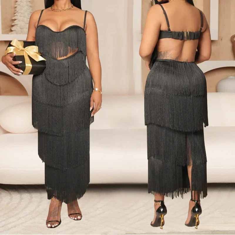 Vestido longo feminino borla em camadas cinta de espaguete sem costas maxi verão 2025 férias sexy festa de aniversário vestidos