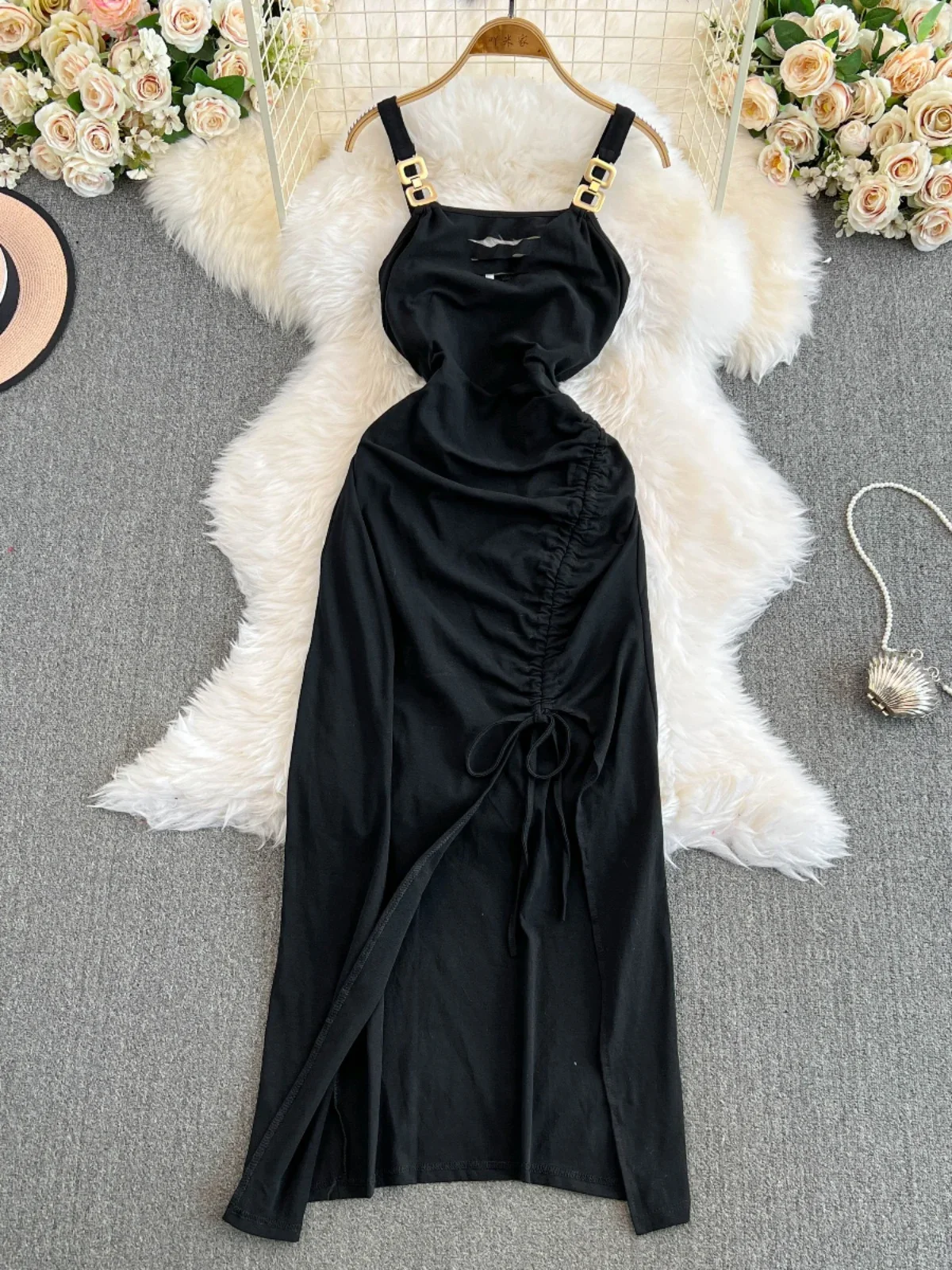 Foamlina Live Streaming Host  Backless Strap Dress 2024 Pure Lust Sexy Hollow Hole Slim Drawstring Split Suspender Dress Woman