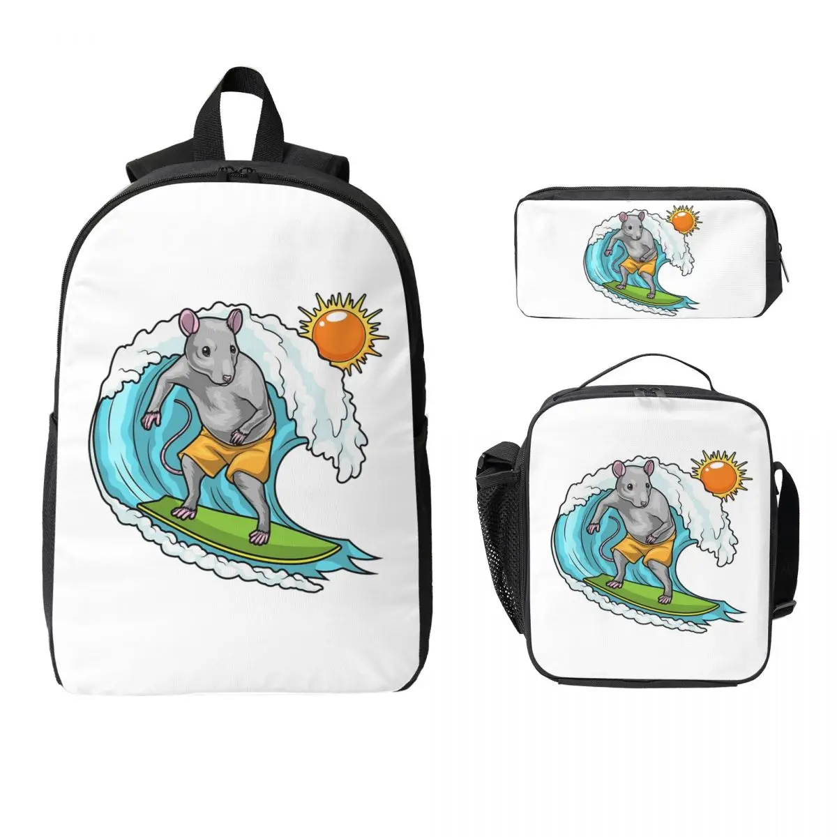 

Rat Summer Surfer Backpack Student BookBag School Bag Laptop Shoulder Bags 3ps Insulated Lunch Bag Pencil Case
