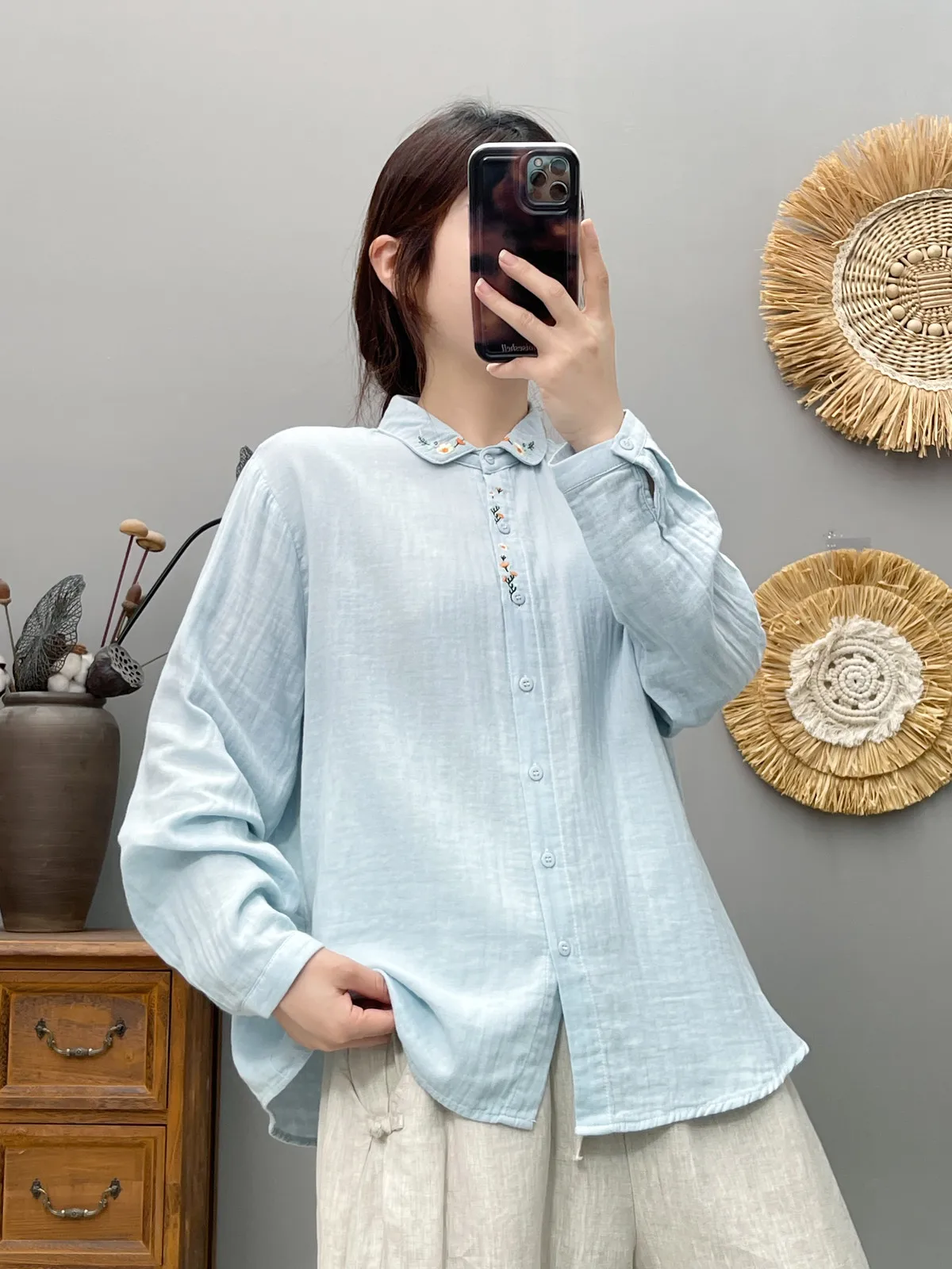 Mori girl style Japanese cotton yarn blue white cartoon girl embroider shirts and blouses autumn clothing women long sleeve tops