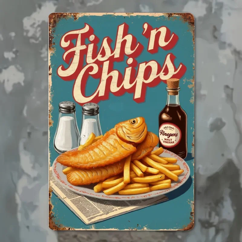 2D Flat - Vintage Blue Fish & Fries Metal Tin Sign - 20.32x30.48 cm Retro Wall Decor with 