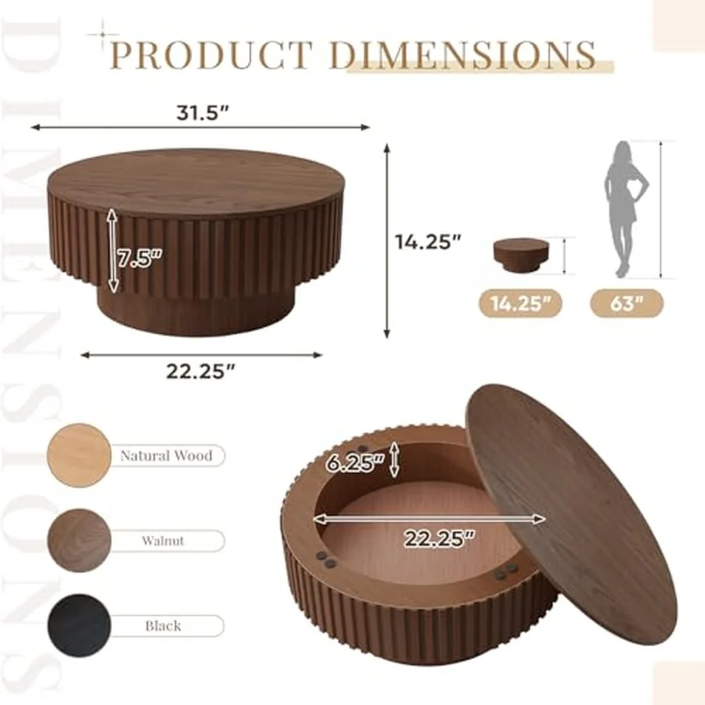 31.5'' Walnut Round Coffee Table with Storage Modern Fluted Circle Coffee Table Unique Drum Low Center Tea Table with