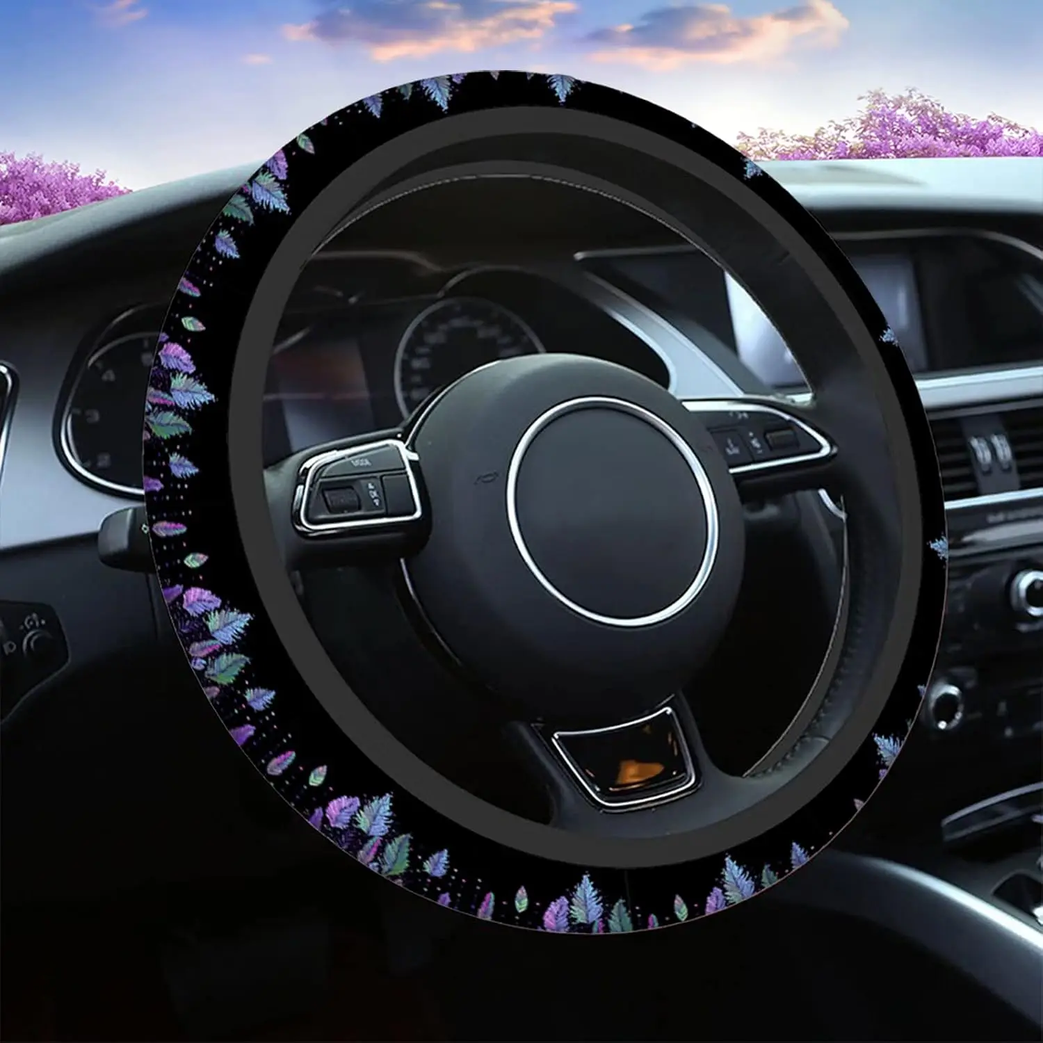 Dream Catcher Boho Auto Car Steering Wheel Cover for Women Girls Dream Catcher with Colorful Vibrant Feathers On Black 15