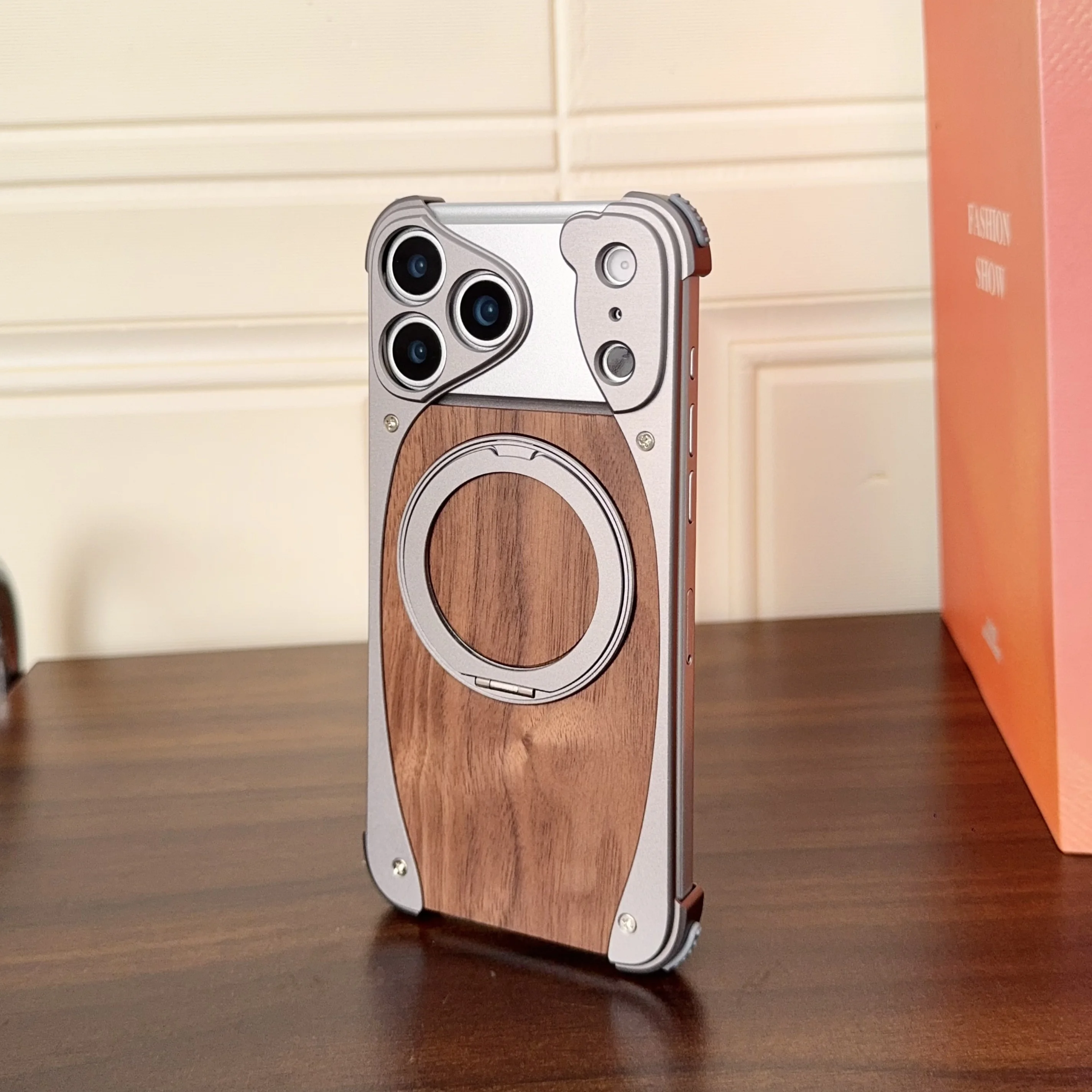 Luxury Metal Frame Walnut Wood Frameless Phone Case For iPhone 18 17 16 15 14 Pro Max Magsafe Magnetic Rotating Bracket Cover