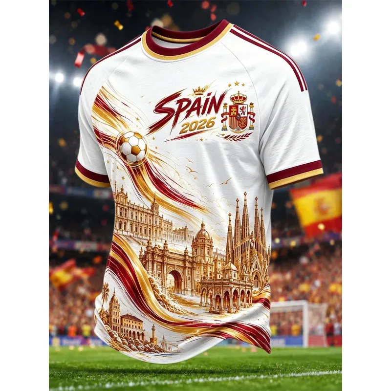 Spain 2026 National  Jersey, Classic White Tee With Spain Landmarks, Soccer 3D Print T-Shirt, Breathable Quick Dry Sports Shirt,