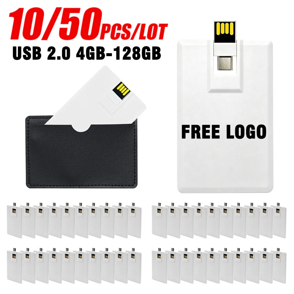 10/50pcs Custom Logo Credit Card USB Flash Drive 4GB 2 in1 Type-C USB Flash Drive for Smart Phones Computer Laptop Memory Stick