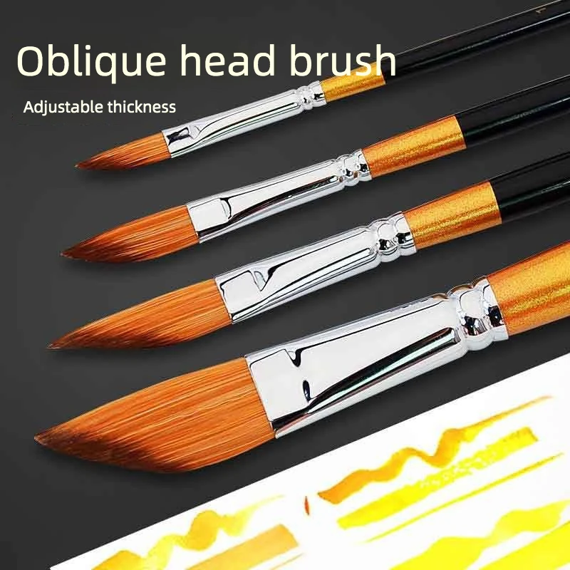 

4 pcs Slant head blade short rod pull line brush nylon hair gouache watercolor pen set art raw special acrylic oil paint brush