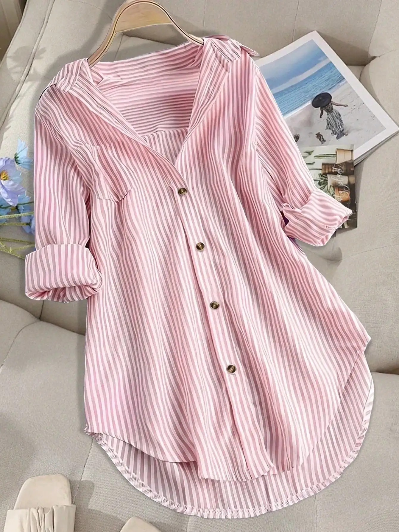 Blusa de talla grande a la moda con solapa a rayas para mujer, camisa con una botonadura, camisa informal holgada de manga larga con botones para otoño y primavera