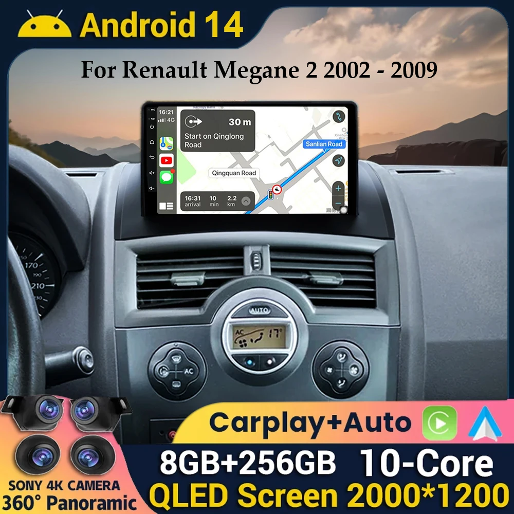 Android 14 Carplay Auto Car Radio For Renault Megane 2 2002 2003 2004 2005 2006 2007 2008 2009 Multimedia Player Stereo GPS WIFI