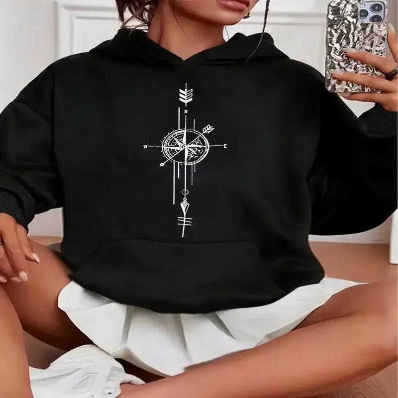Womens Compass Print Casual Hoodie Cozy Pullover Long Sleeve Drawstring Hood Kangaroo Pocket Perfect Fall Winter Streetwear