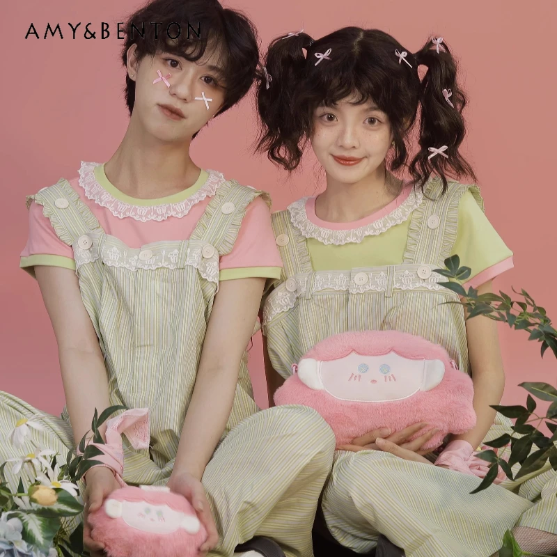 

New 2025 Summer Tea Party - Original Japanese Two-color Splicing Lace Sweet Cute Age-reducing Knitted Cotton T-shirt for Ladies