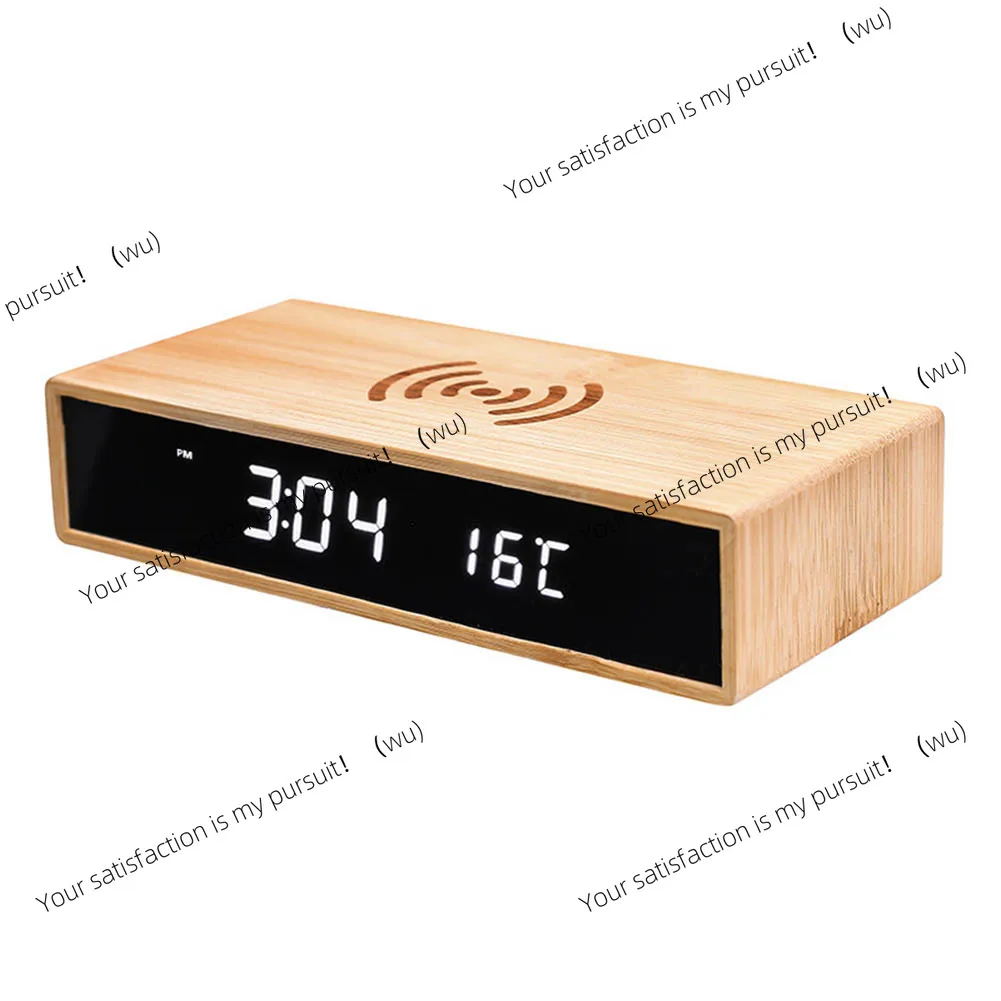 Stylish Wooden Finish Alarm Clock with Integrated Wireless Charging Pad LED Display for Date Time Voice Activated Functions