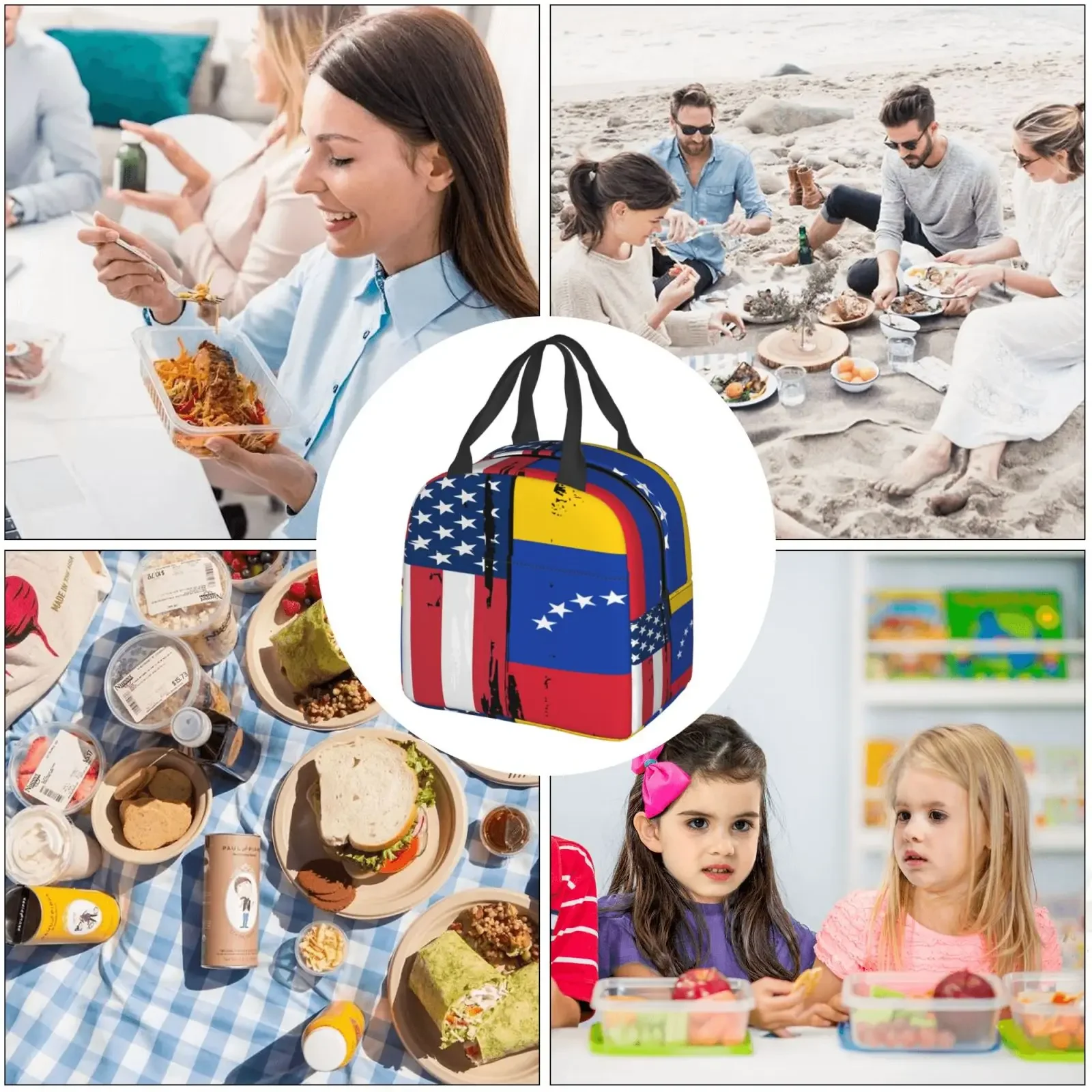 American Flag and Venezuela Flay Insulated Lunch Box Leak-proof Thermal Cooler Lunch Bag for Men Women Kids Work Trip Picnic