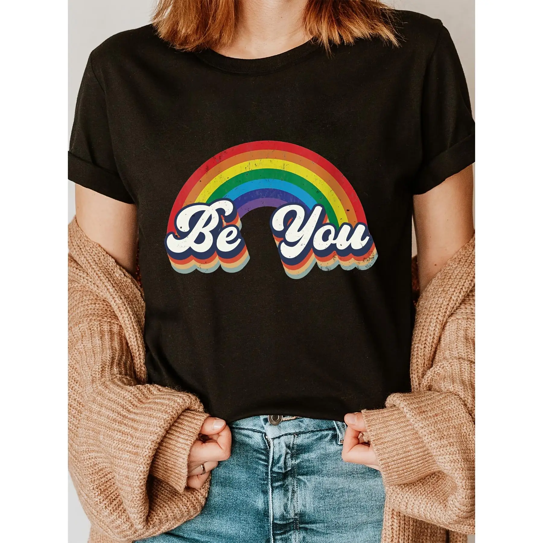 

Rainbow Print Round Neck T-shirt, Spring And Summer Casual Short Sleeve T-shirt, Women's Clothing