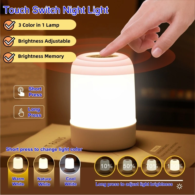 3 Color Led Night Light Touch Switch Dimmable Table Lamp USB 5V Portable Baby Nursery Feeding Bedside Lamp Room Decor Light