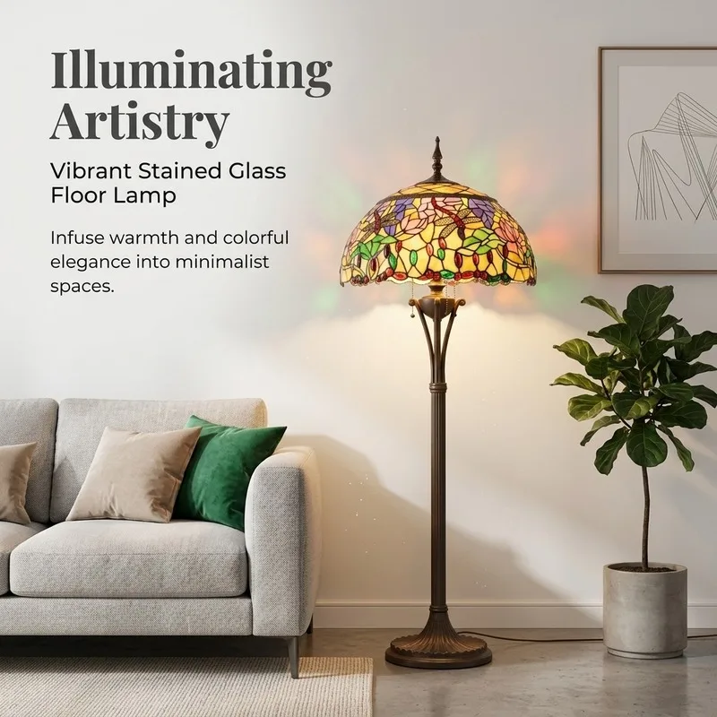 Vintage Stained Glass Standing Lamp Dragonfly Flower Pattern Glass Shade Floor Lamp Traditional Home Decor Tall Lighting Fixture