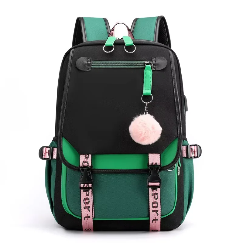 Cute Color Blocking Block Nylon School Backpack For Teen Girls Boys Fluffy Pom Pom Decor Fashion Outdoor Travel Laptop Rucksack