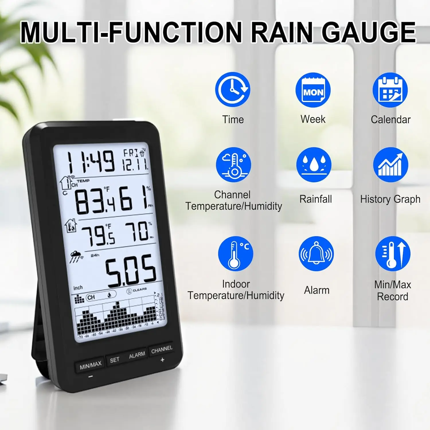 Wireless Digital Rain Gauge with Thermometer - Self-Emptying Collector Indoor/Outdoor Temperature/Humidity Monitor Large Display