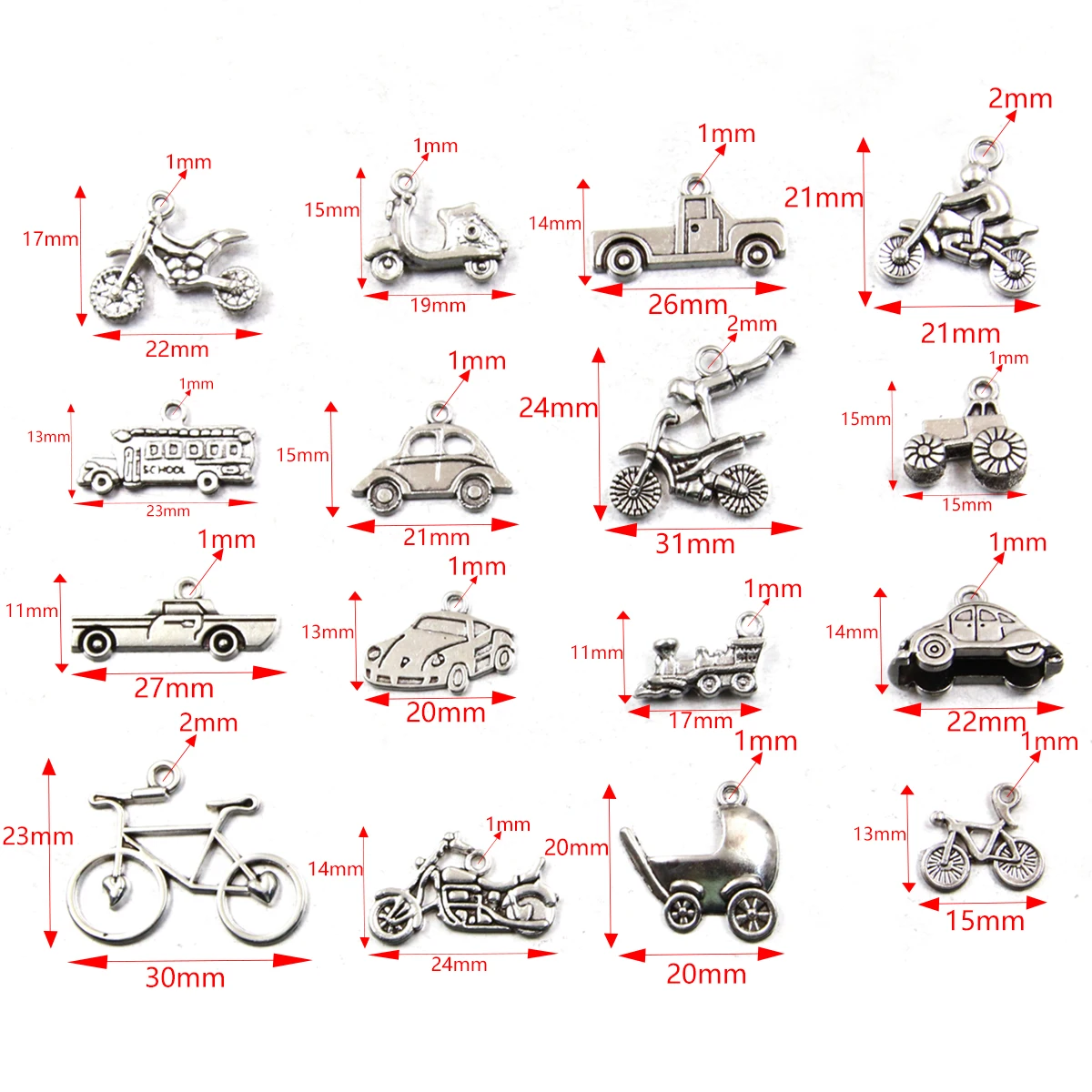 20PCS 16Styles Mixed Alloy Vehicle Charms For Jewelry Making DIY Handmade Bicycle Train Motorcycle Electri Car Truck Pendant