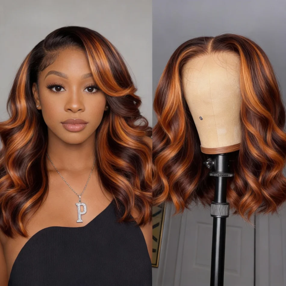 

Upgraded Ginger With Brown Highlight Body Wave #4/350 Short Bob 5x5 HD Lace Glueless Human Hair Wigs Pre Cut Wear And Go Wig