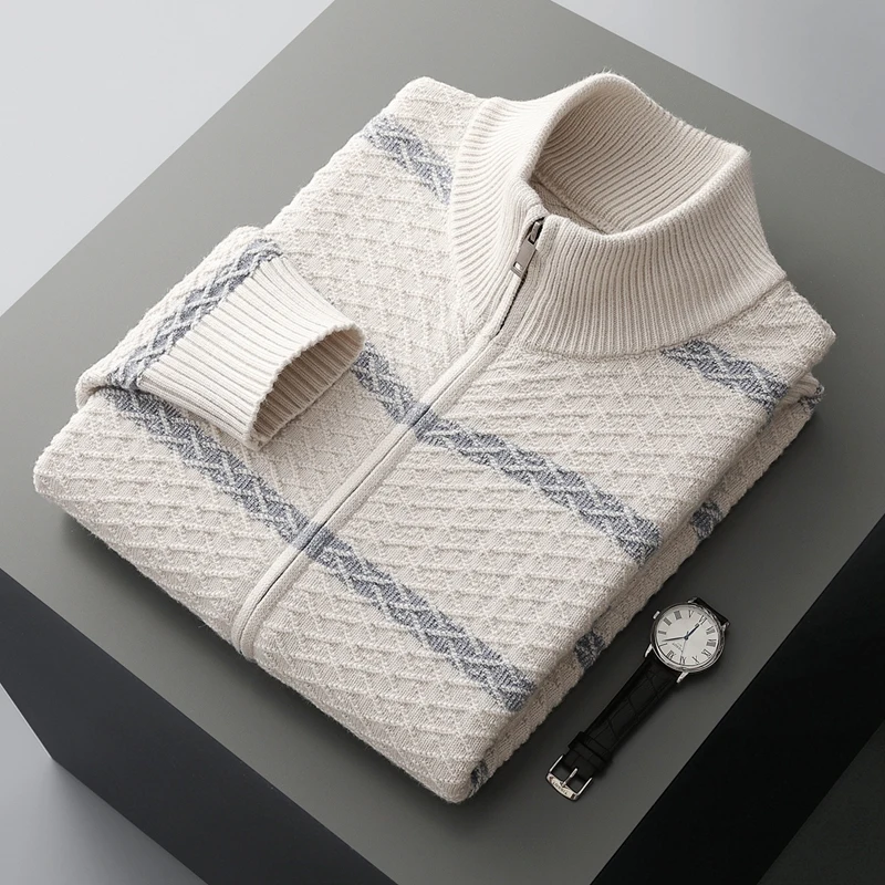 Autumn And Winter New Pure Wool Men's Semi-High Neck Zipper Sweater Thick Warm Sweater Loose Wool Cardigan
