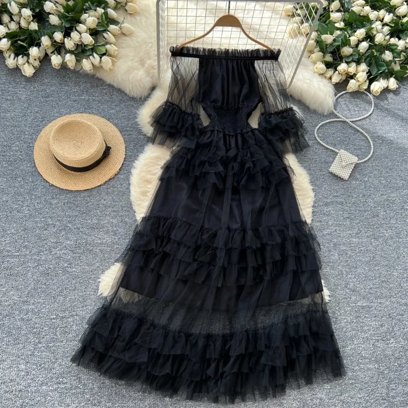Chic plissé élégant manches courtes évasées col rond maille robes Vintage mode coréenne soirée décontracté femmes vêtements d'été