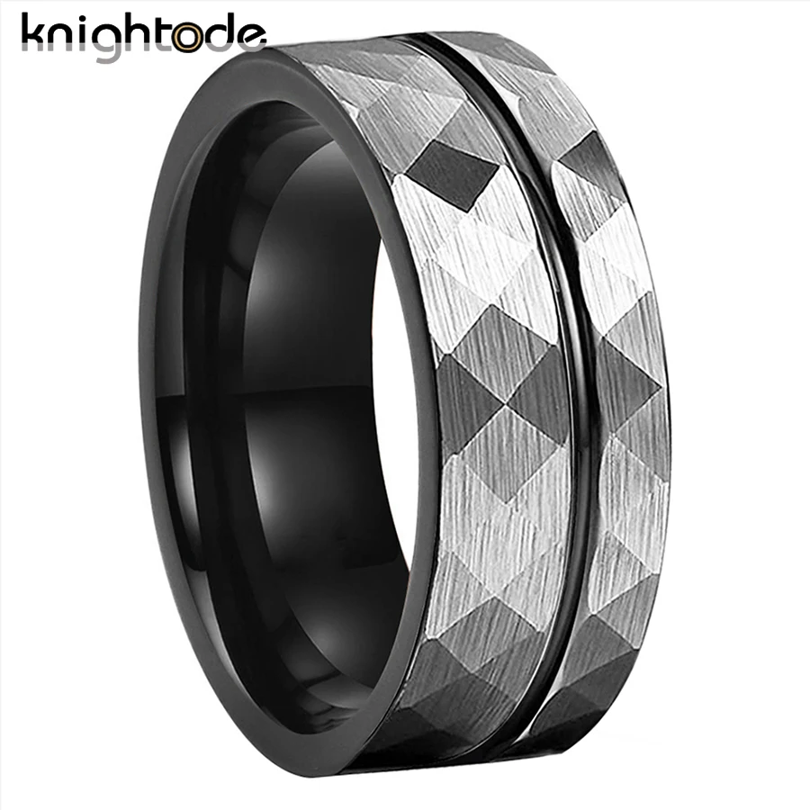 8mm 3 Colors Regular Hammered Tungsten Carbide Rings Fashion Jewelry for Men Women Wedding Band Flat Offset Groove Comfort Fit