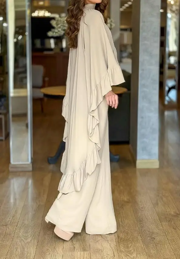 

Women's 2 Pieces Outfit High Neck Hollow-Out Back Ruffles High-Low Hem Cape and Casual Elastic Back Waist Wide Leg Pants Set